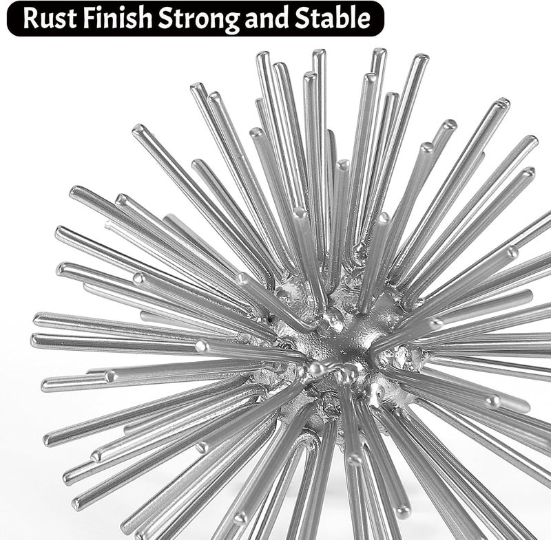 Mocome Silver Sphere Decor, Metal Starburst Tabletop Sculpture Decor, Mid-Century Modern Metal Starburst Centerpiece, Spike Ball Decoration for Home, Coffee Table Decor - Image 3